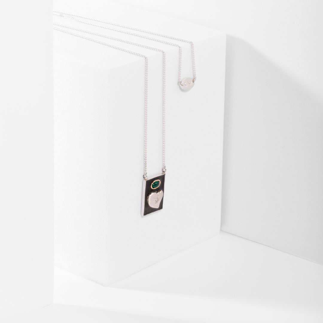 Grace Necklace Grande in recycled sterling silver and yellow gold with chrysoprase and ethical diamond, side view. Carlota Guardia Jewelry.
